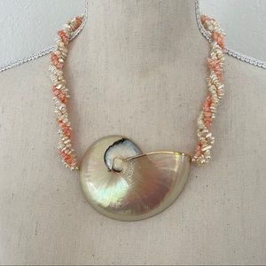 Vintage Pearl Necklace Nautilus Shell Coral Gold